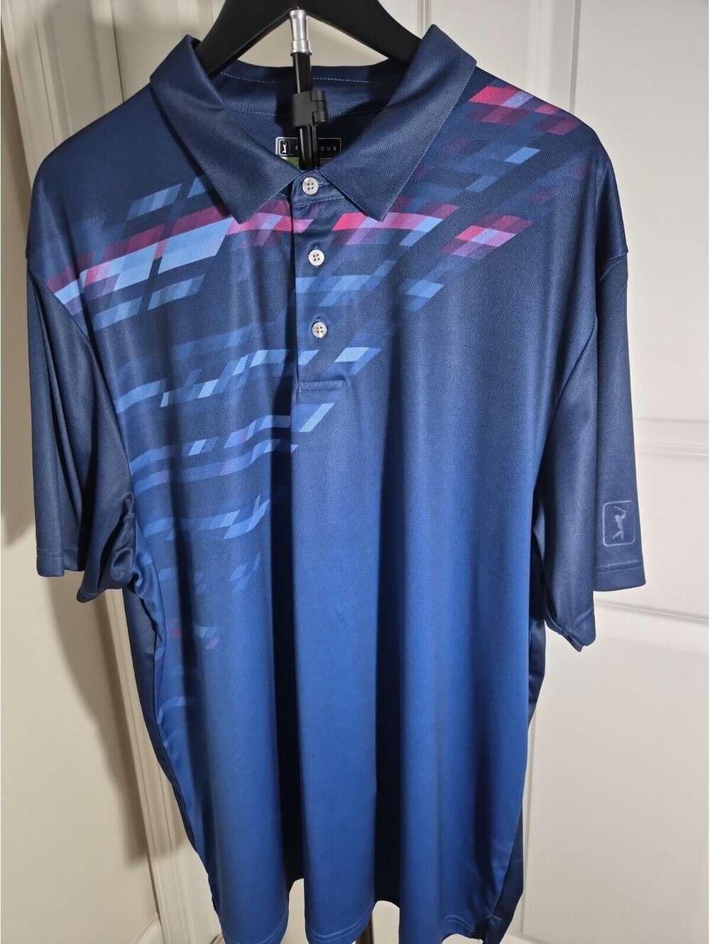 PGA Tour Pro Series Men's XXL Athletic Fit Golf Polo Blue Geometric Graphic